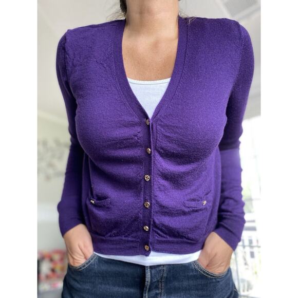 Tory Burch Simone Shrunken Wool Cardigan Purple XL/TG - Picture 1 of 7